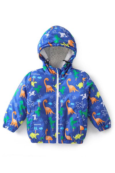 Babyhug Woven Full Sleeves Hoodie with Dino Print - Blue