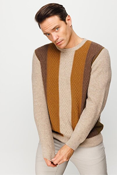Desen Triko Men's Crew Neck Front Colored Wool Sweater K.Beige
