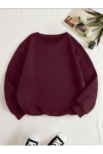 trendgar Burgundy Duz Crew Neck Unisex Sweatshirt