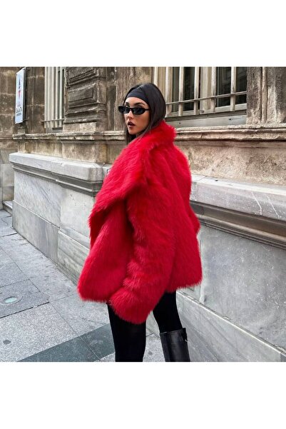 TİENDEROPA Premium Fur Plush - Touch Oversize Coat Red