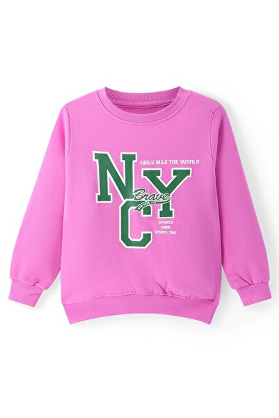 Pine kids سويت شيرت من القطن المحبوك بأكمام طويلة مع طباعة نصية - وردي