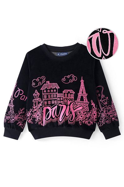 Pine kids Velour Knit Full Sleeves Sweatshirt With Paris Theme Print - Black