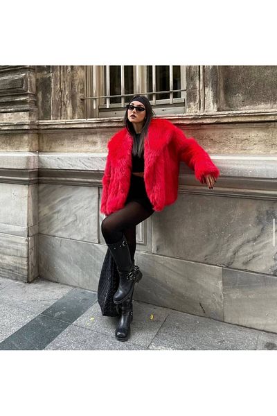 TİENDEROPA Premium Fur Plush - Touch Oversize Coat Red