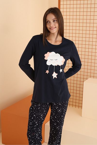NBB 68079 - Star and Cloud printed, μακρυμάνικο, γυναικείο σετ πιτζάμες Navy Blue