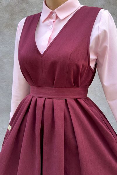 hrmonny Burgundy Cotton V Neck Long Gilet Vintage Dress 140 cm Length