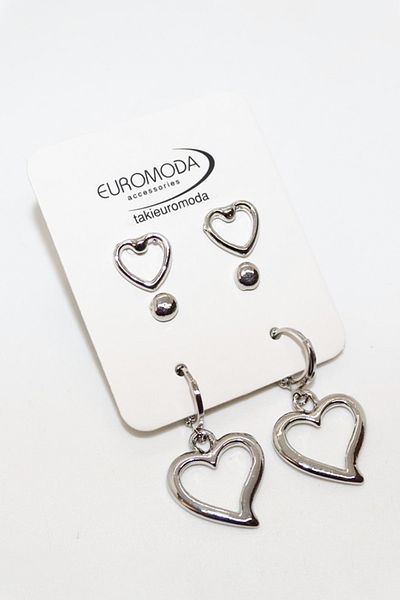 EUROMODA 3-Piece Earring Set with Ball Earrings - Heart Design
