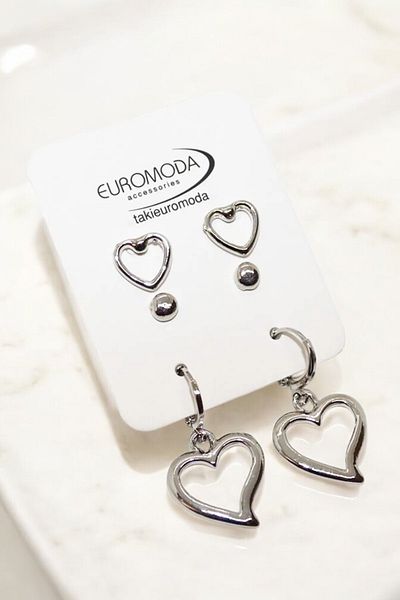 EUROMODA 3-Piece Earring Set with Ball Earrings - Heart Design