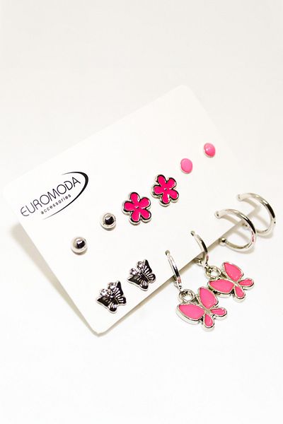 EUROMODA Colorful Earring Set with Pink Butterfly and Flower Design