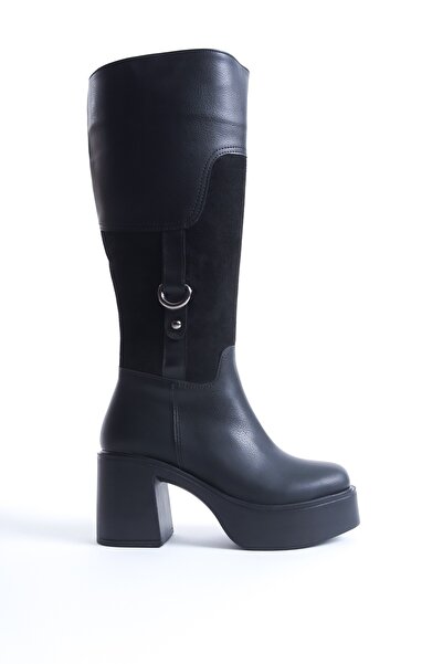 Modabuymus Poyel Black Buckle Thick Platform Heeled Comfortable Buckle Daily Boots