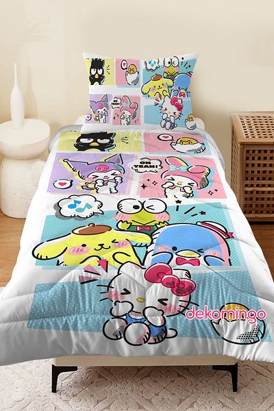 dekomingo White and Colorful Sanrio Patterned Baby and Children's Room Quilted Quilt