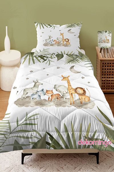 dekomingo Wild Animals Patterned Quilted Children's Quilt and Pillowcase