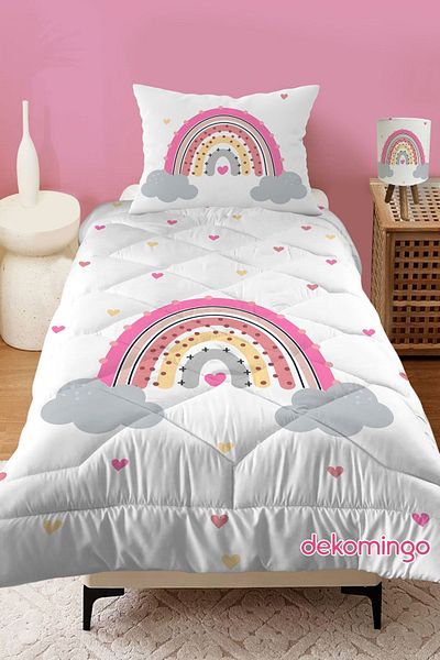 dekomingo Pink Rainbow Cloud Patterned Quilted Children's Quilt and Pillow Case