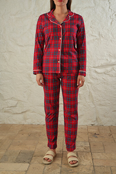 Avones Heart Patterned Metrage Printed 100% Cotton Front Placket Button Knitted Women's Pajamas Set