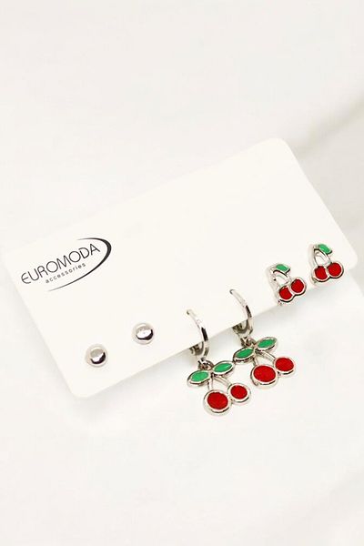 EUROMODA طقم أقراط مكون من 3 قطع مطلي بالفضة مع أقراط كروية بتصميم الكرز