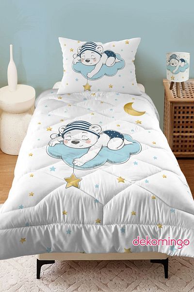 dekomingo MOON SLEEPING BABY BEAR PATTERNED QUILTED KIDS QUILT AND PILLOW CASE