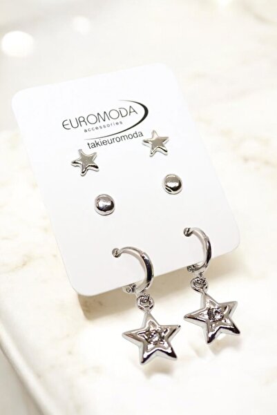 EUROMODA Yıldız Tasarımlı Top Küpeli 3lü Küpe Seti