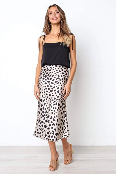 medipek High Waist Lycra Leopard Print Satin Midi Skirt - Elastic Waist and Zipper Detail