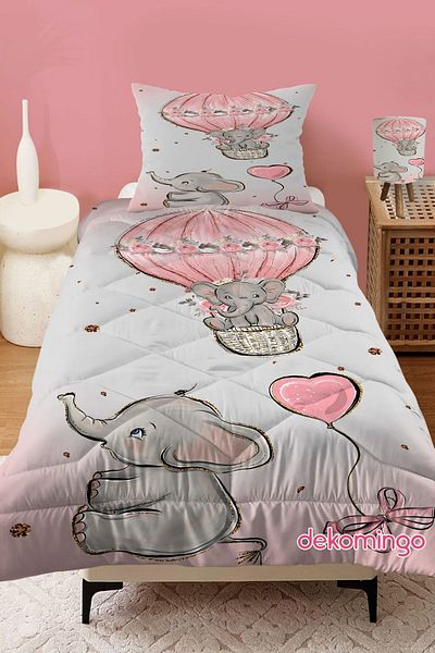 dekomingo PINK GRAY YAVRU ELEPHANT BALLOON PATTERNED QUILTED CHILDREN'S QUILT AND PILLOW CASE