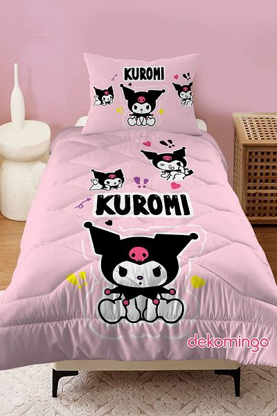 dekomingo Pink Patterned Kuromi Triple Kids and Baby Room Quilted Quilt