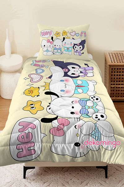 dekomingo Yellow Horizontal Sanrio Patterned Baby and Children's Room Quilted Quilt