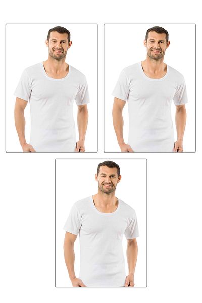 ÖZKAN underwear Özkan 0115 3-Pack Men's 100% Cotton Rib Fabric Stretchy Comfortable Wide Collar Short Sleeve Undershirt Undershirt