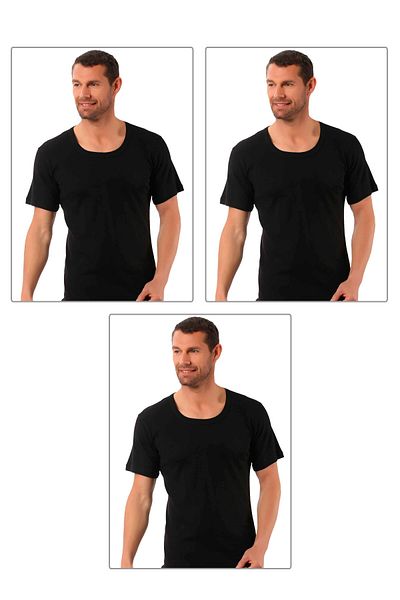 ÖZKAN underwear Özkan 0115 3-Pack Men's 100% Cotton Rib Fabric Stretchy Comfortable Wide Collar Short Sleeve Undershirt Undershirt