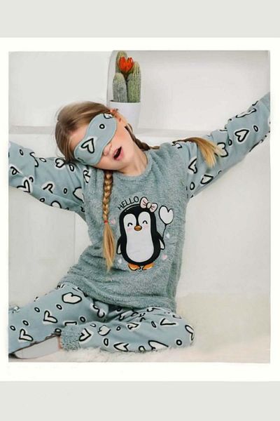 GRI MOR TEKSTIL Girl's Penguin Eye Patch Plush Fleece Pajamas Set