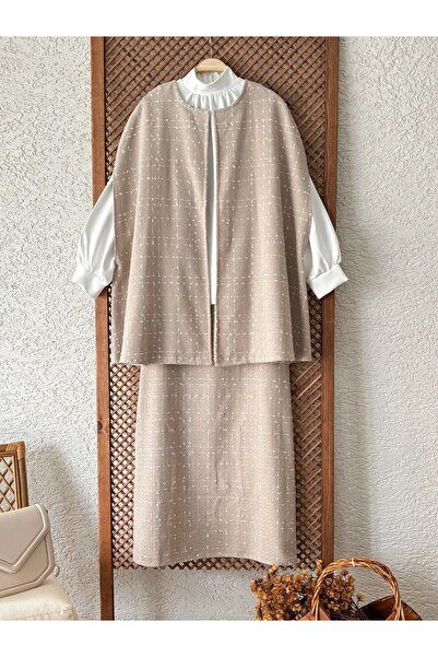 KÜÇÜĞÜM BUTİK Women's Beige Tweed Poncho - Skirt Set (Etek-Panço)
