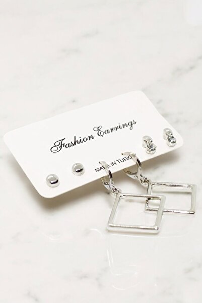 EUROMODA Silver Color Coated 3-Piece Earring Set with Quadrilateral Design Ball Earrings