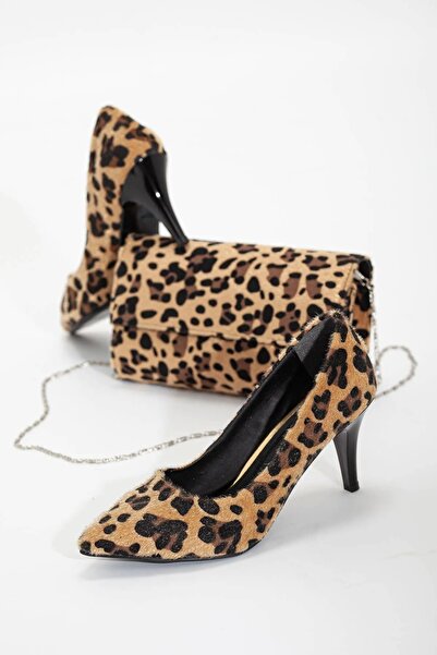 GULT Women's Thin High Heels Stiletto And Bag Set Leopard Stiletto 8 Cm