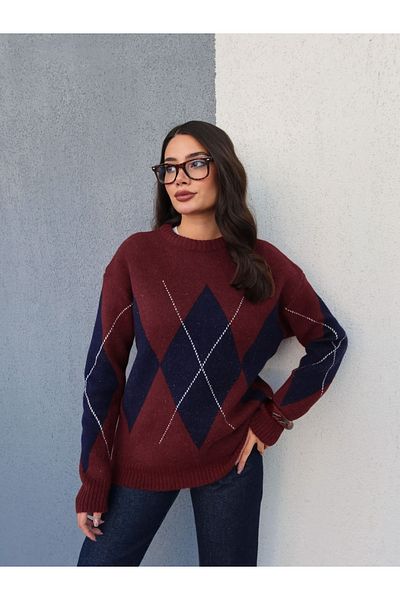 ESRAHELVACI Πουλόβερ Claret Red Navy Blue με διαμαντένιο σχέδιο