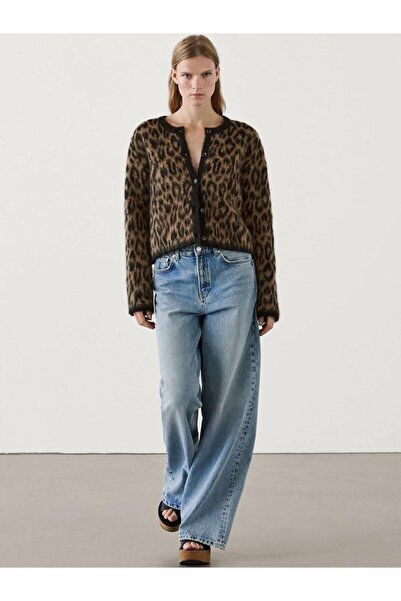 Machetta Women's Crew Neck Brown Leopard Print Wool Cardigan