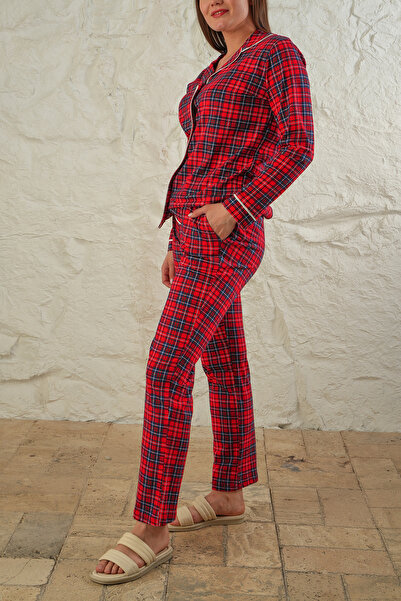 Avones Heart Patterned Metrage Printed 100% Cotton Front Placket Button Knitted Women's Pajamas Set