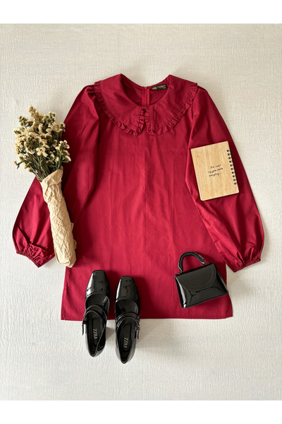 KÜÇÜĞÜM BUTİK Burgundy Color Baby Collar Long Poplin Tunic