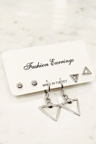 EUROMODA Triangle Design Silver Color Coated 3-Piece Earring Set with Ball Earrings