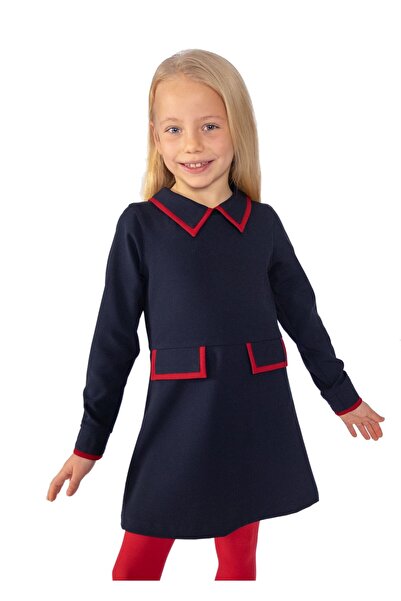 Ozmoz By Mukadder Özden Navy Blue Woven Winter Girl's Dress with Red Piping