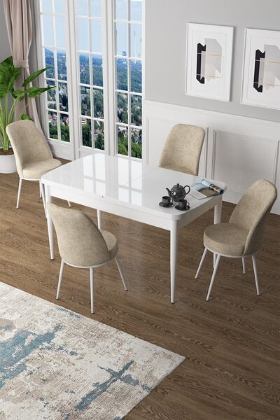 Canisa Concept Zen Serisi 80x132 Mdf Açılabilir Beyaz Masa Takımı Ve 4 Krem S...