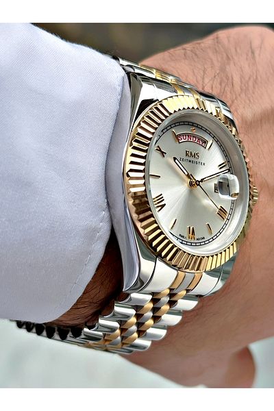 Romanson Silver-Gold Color Steel Band Steel Case Men's Wrist Watch with Calendar 1349.10