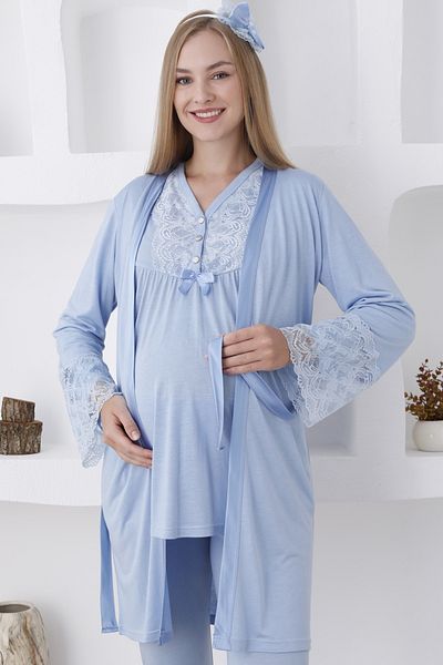 ERDENİZ TEKSTİL Set pijama de maternitate cu nasturi cu maneca lunga, 3 piese pentru gravide si halat de toaleta