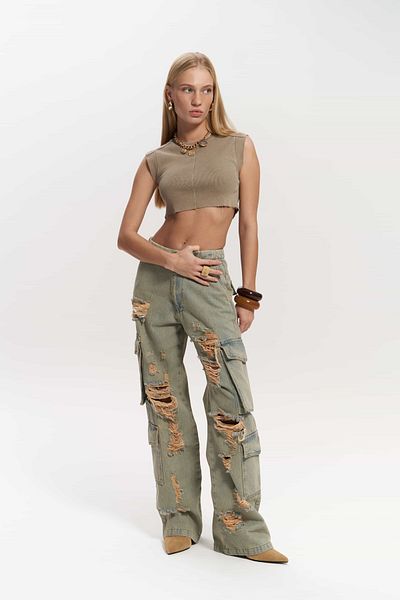 MAİ COLLECTİON Dries Dirty Grey Cargo-Jeans mit zerrissenem Detail