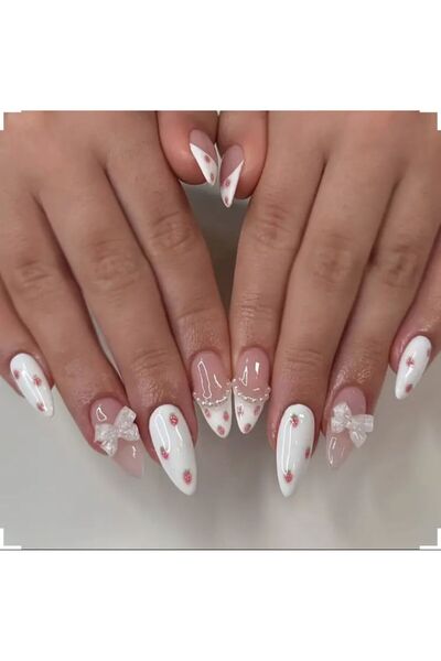 Alya Nail Studio Kadın Jel Nail Art Baskılı 3D Fiyonk Detaylı Puantiye Beyaz ...