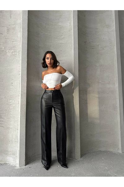 ÇEÇİM Women's Pocket Detail Button Leather Pants Hyn-58021