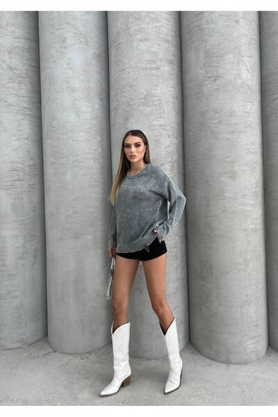 Koçer Triko Crew Neck Sleeve and Skirt Ripped Detail Knitwear Sweater