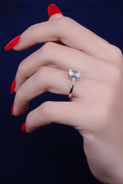 ENCİLİ SİLVER 925 Ayar Gümüş Dikdörtgen Model Tek Taş Kadın Yüzük