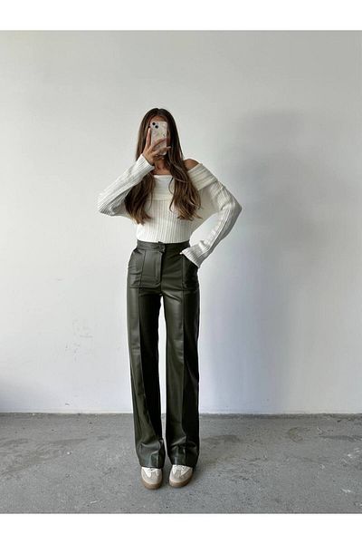 ÇEÇİM Women's Pocket Detail Button Leather Pants Hyn-58021