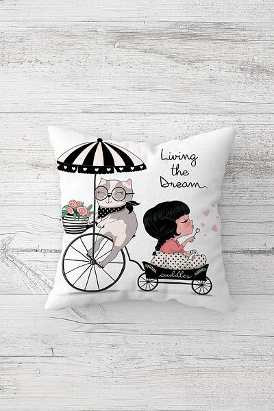 Pelangi Cat and Girl on a Bicycle Double Sided Printed Hidden Zippered Pillowcase Throw Pillow Pillowcase