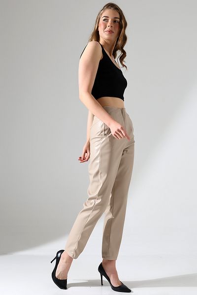 Gugus Leather Pants - Straight Leg, Model with Belt Collet, Women's Artificial Leather Straight Leg Pants