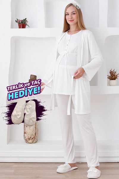 ERDENİZ TEKSTİL Set de maternitate din 3 piese cu mâneci lungi, pijama și halat de maternitate / nasturi în față / papuci și cadou coroană