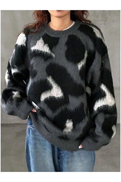 tilvess Kadın  LEOPAR desenli Yumoş Oversize  Triko Kazak