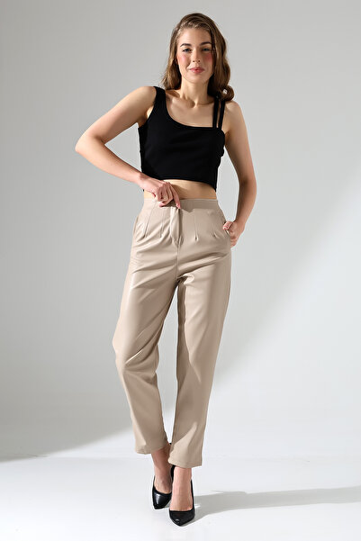 winmoda High Waist Leather Trousers-Carrot/Front Collar